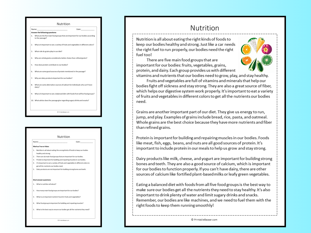 Nutrition Reading Comprehension Passage Printable Worksheet Teaching Resources