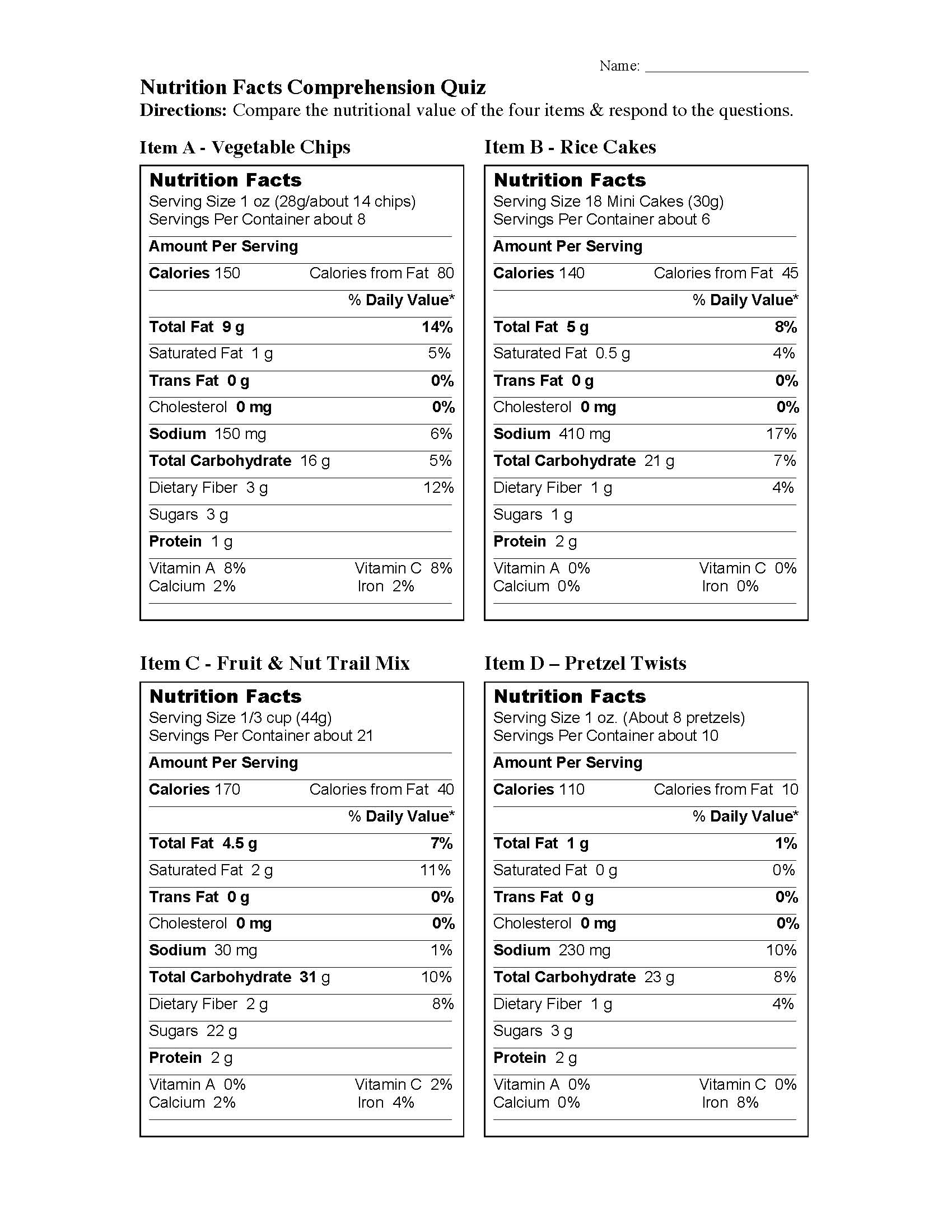 Nutritional Facts Comparision Nonfiction Reading Activity