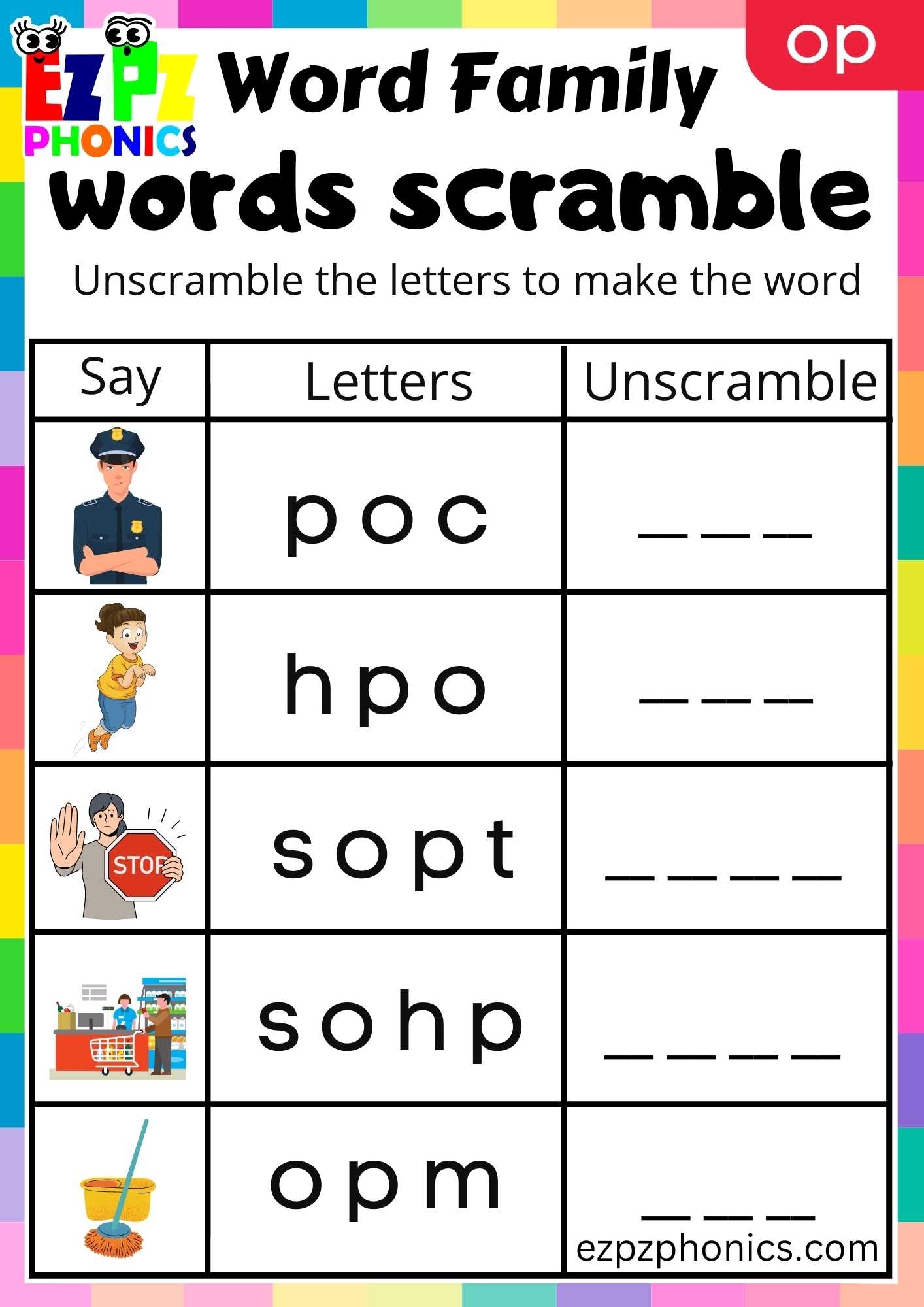 OP Words Words Scramble Phonics Word Families Worksheet Ezpzphonics OP Words Words Scramble Phonics Word Families Worksheet Ezpzphonics