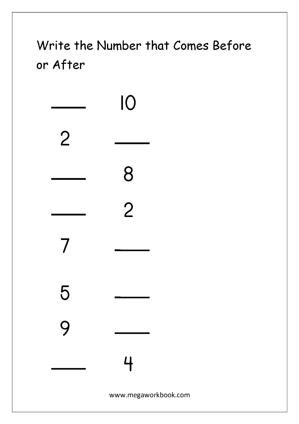 Ordering Numbers Worksheets Missing Numbers What Comes Before And After Number 1 10 1 20 1 50 1 100 Free Printables MegaWorkbook