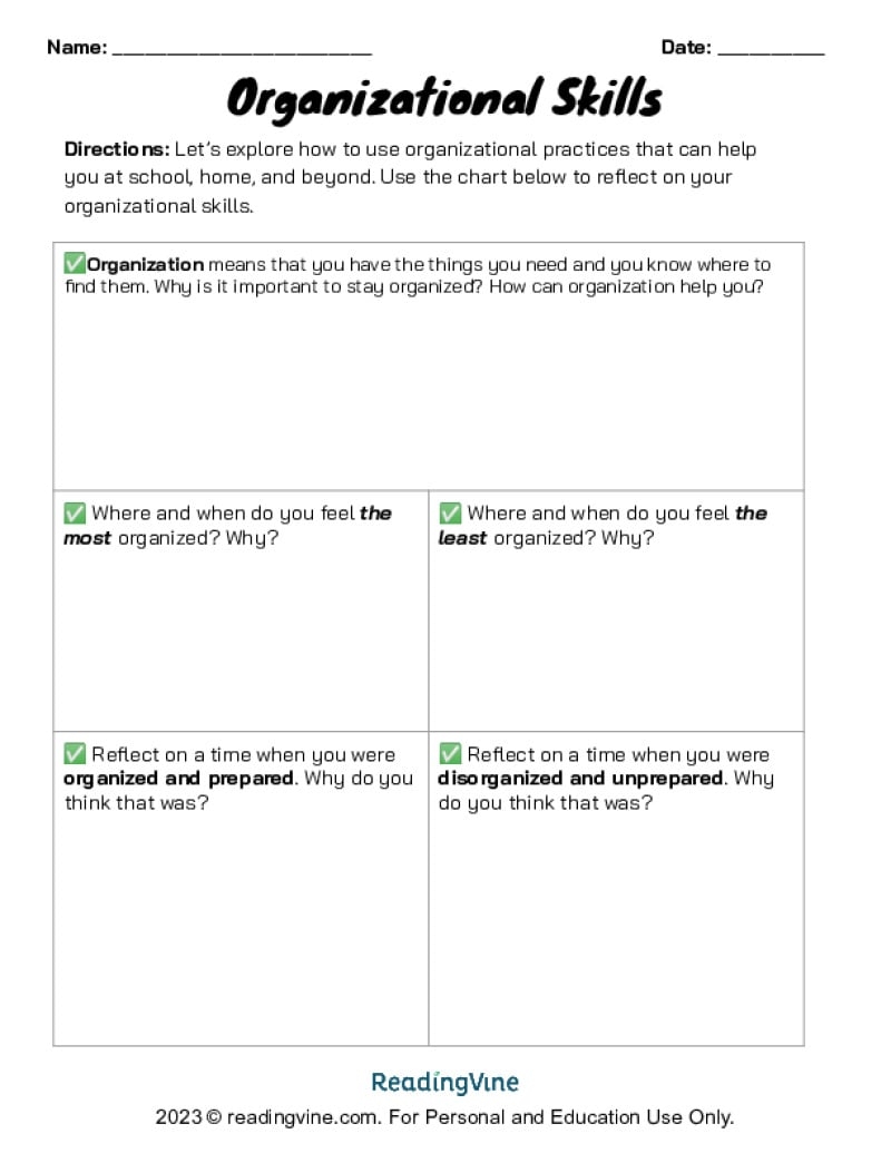 Organizational Skills Extension Activity ReadingVine