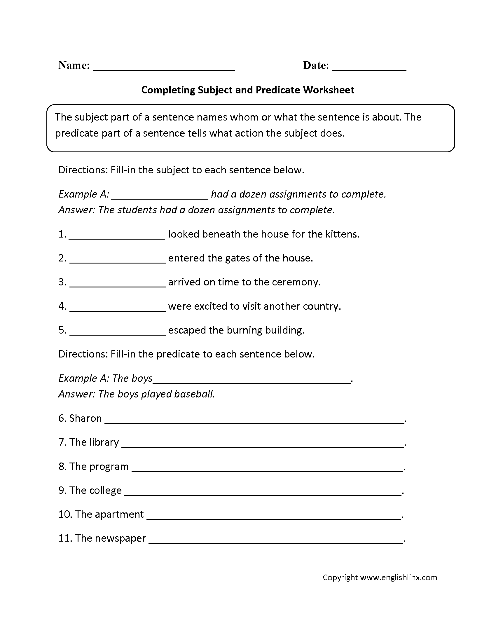 Parts Of A Sentence Worksheets Subject And Predicate Worksheets Parts Of A Sentence Worksheets Subject And Predicate Worksheets