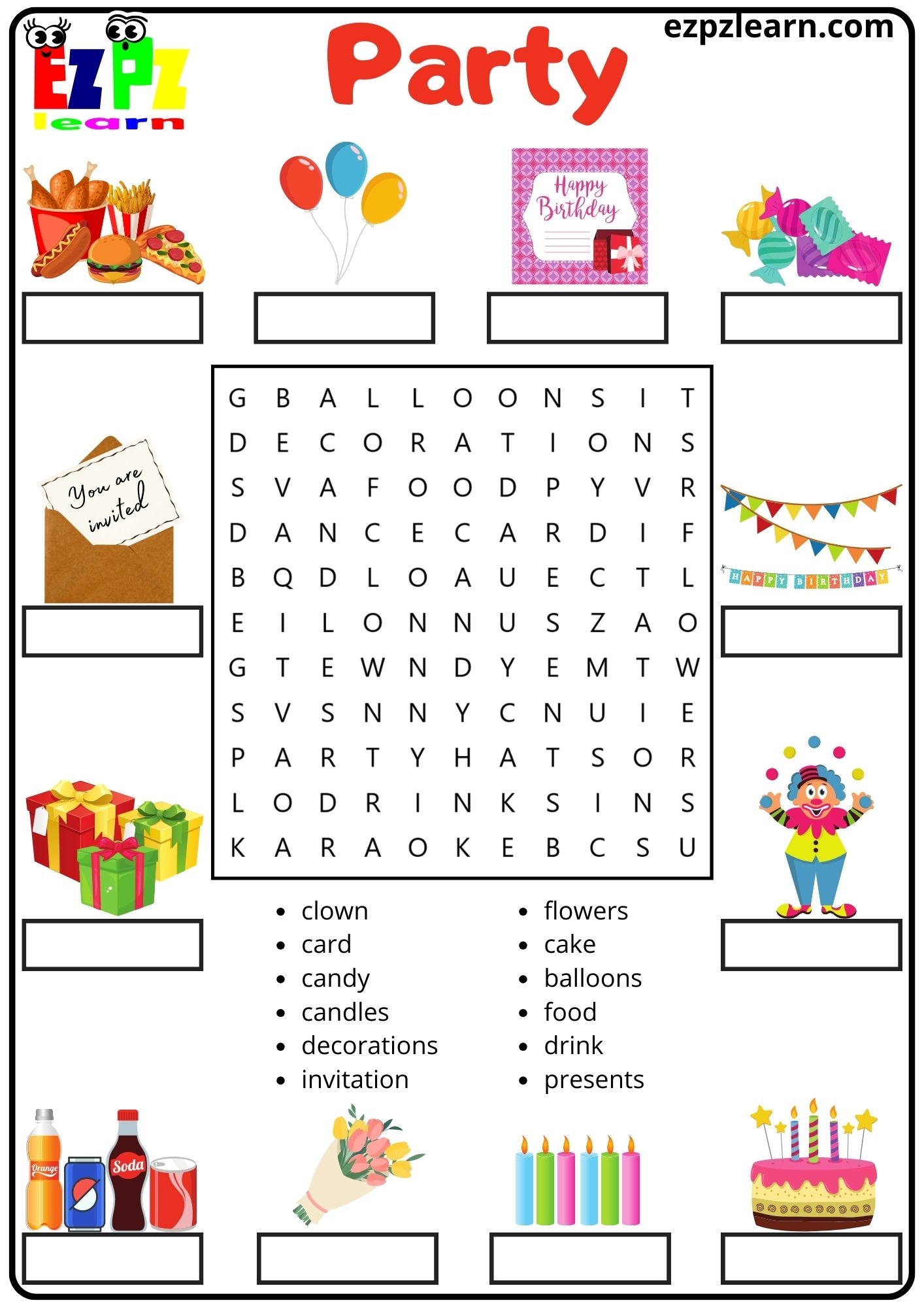 Party Vocabulary Word Search And Match The Words Activity For Kids And English Language Learners PDF Ezpzlearn Party Vocabulary Word Search And Match The Words Activity For Kids And English Language Learners PDF Ezpzlearn