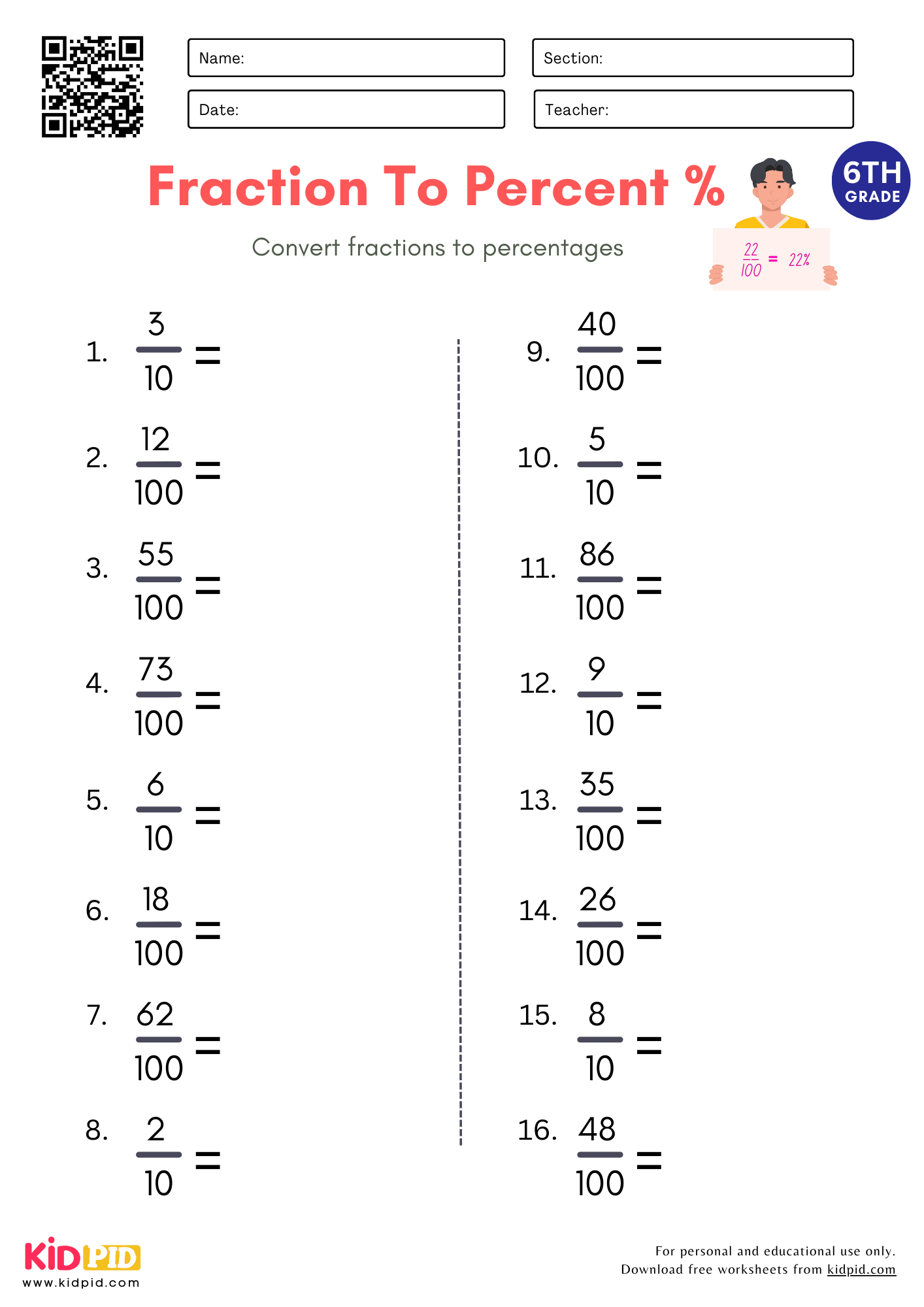 Percent To Fraction Math Worksheet For Grade 6 Kidpid