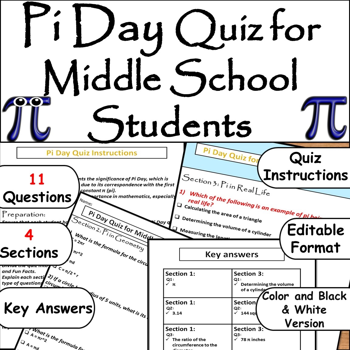 Pi Day Middle School Quiz March 14th Worksheet With Instructions 