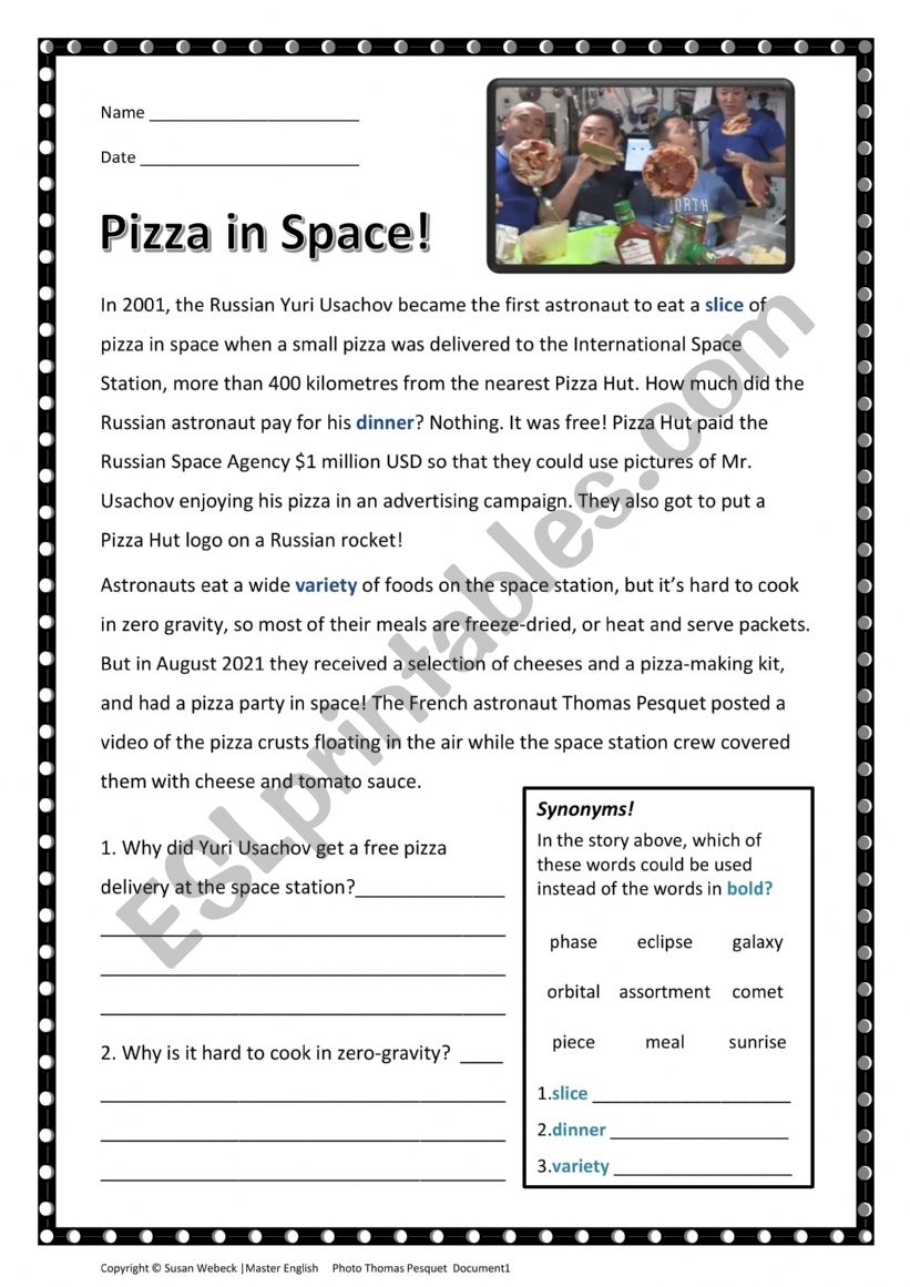 Pizza In Space True Story Reading Comprehension W Synonym Task And Answer Key ESL Worksheet By Swebeck