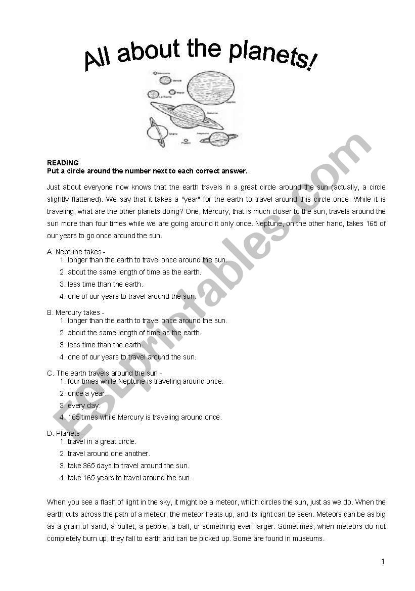 Planets Reading Comprehension Worksheets Pdf