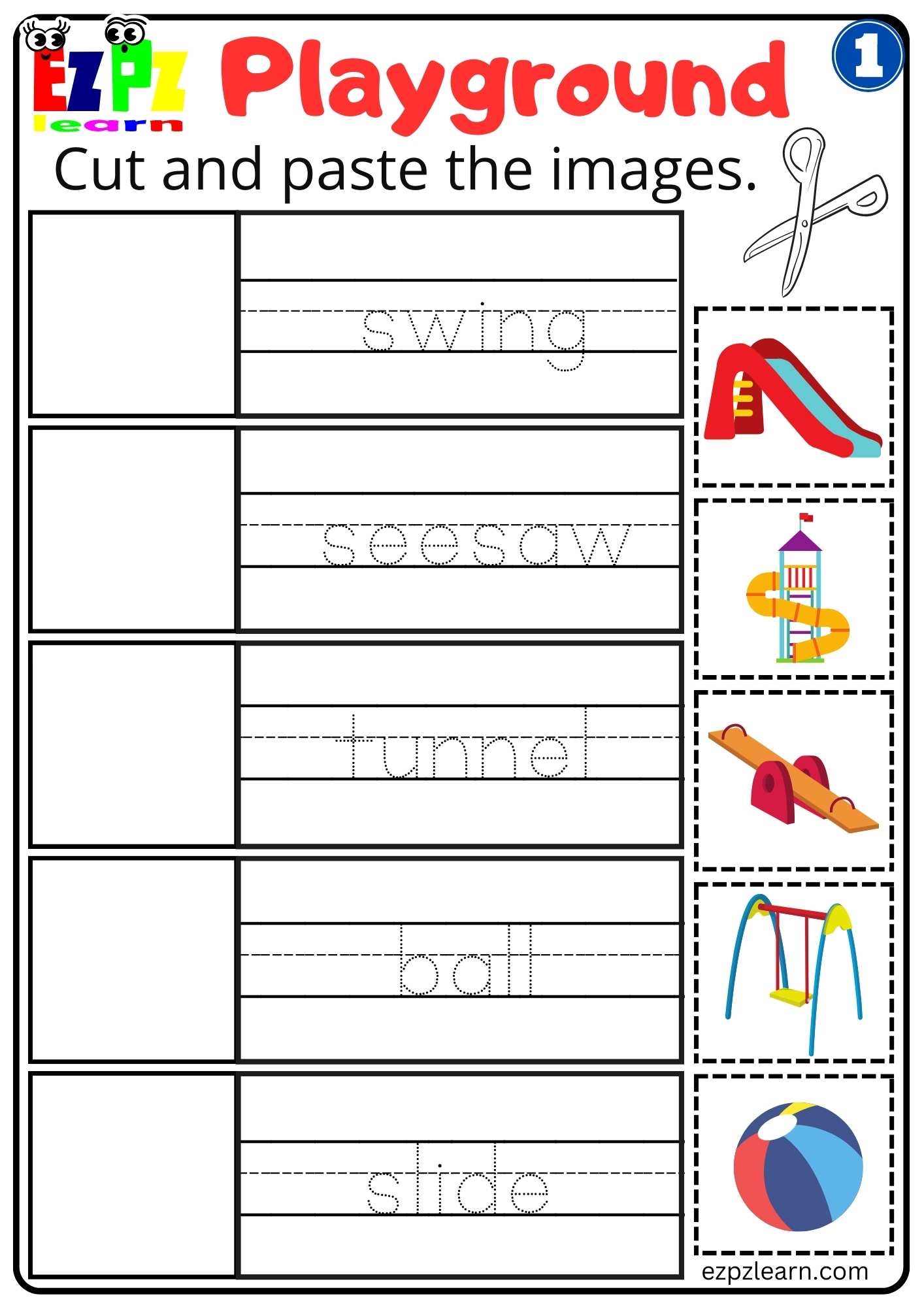 Playground 1 Cut And Paste Worksheet For Kindergarten And ESL Students Free PDF Download Ezpzlearn