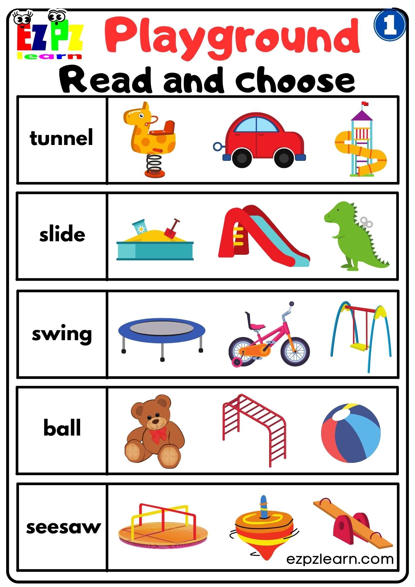 Playground 1 Read And Choose Worksheet For Kindergarten And ESL Students Free PDF Download Ezpzlearn