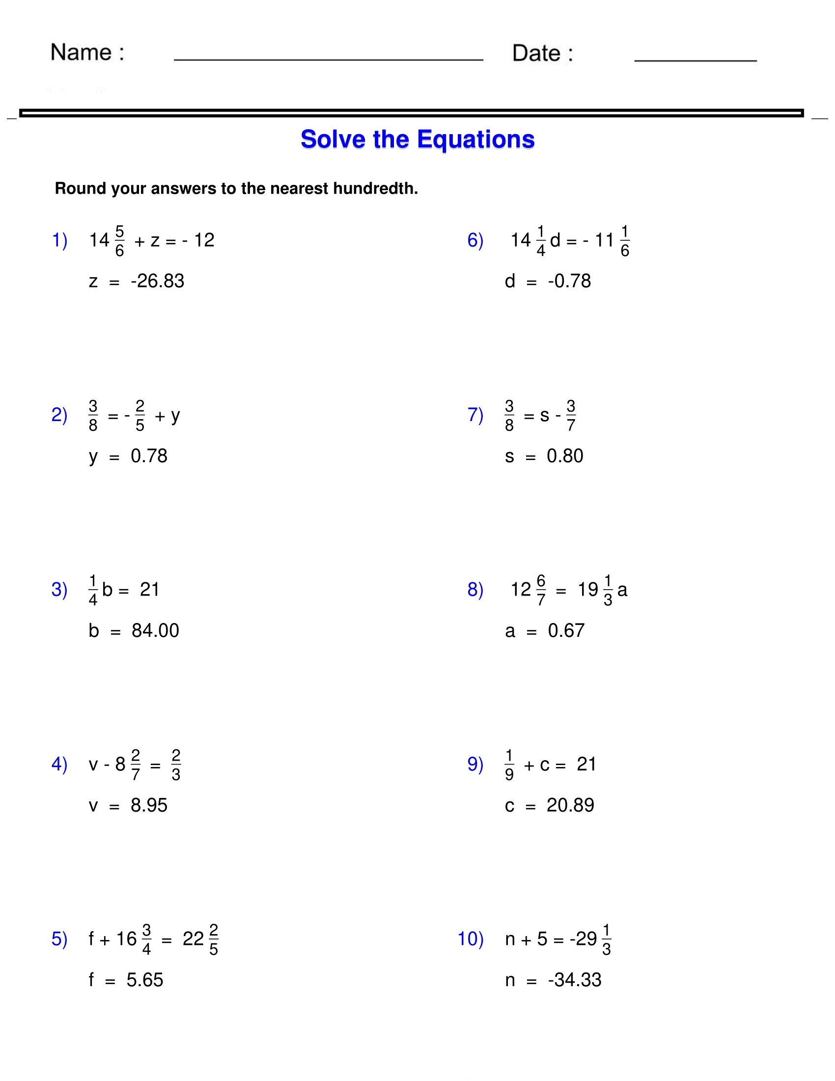 Pre Algebra Equations One Step Equations Containing Fractions Worksheets Made By Teachers