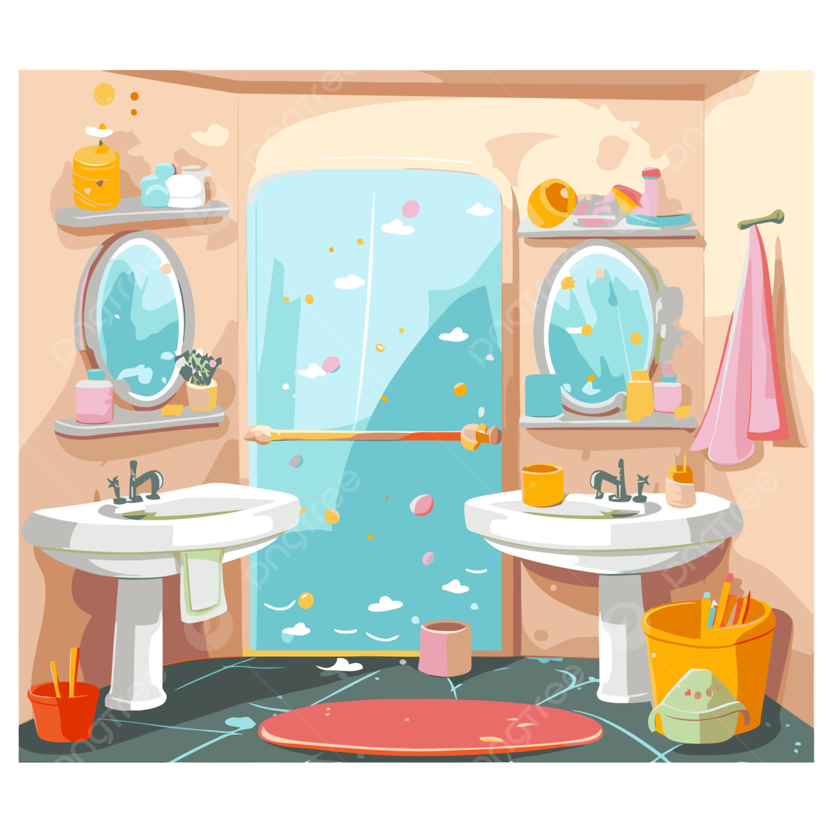 Preschool Bathroom Vector Sticker Clipart Bathroom In Cartoon Style With Sink Sticker Clipart PNG And Vector With Transparent Background For Free Download