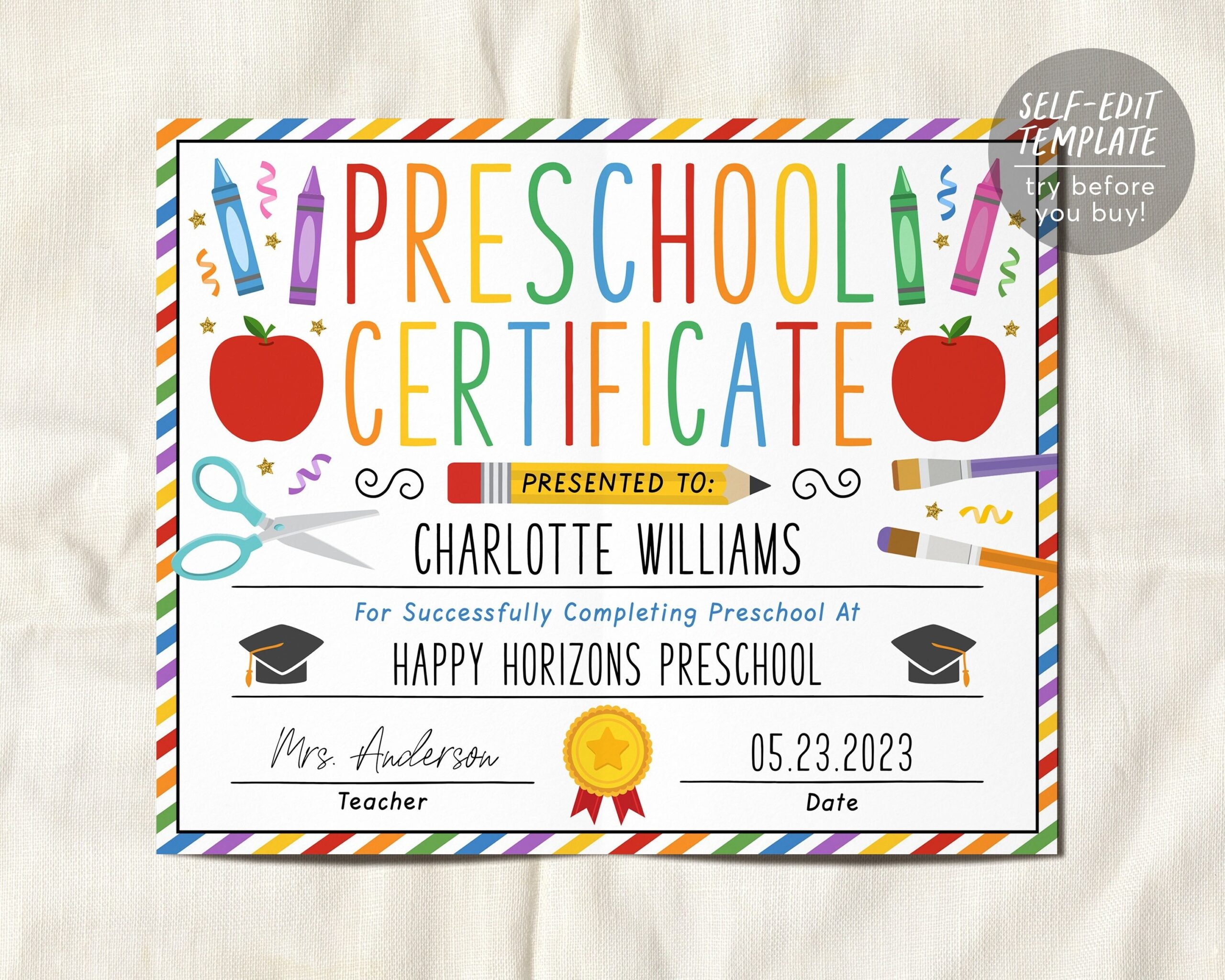 Preschool Graduation Certificate Editable Template Prek 