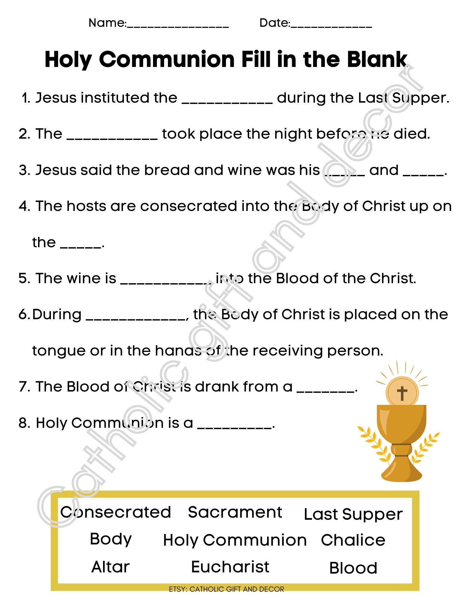 Printable Catholic First Communion Fill In The Blank 1st Communion Worksheet 1st Holy Communion First Holy Communion Instant Download Etsy