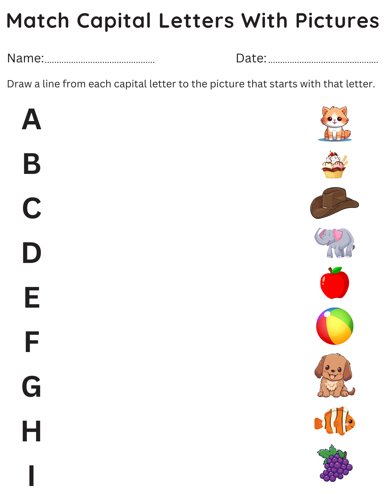 Printable Match Capital Letters With Pictures Kindergarten 