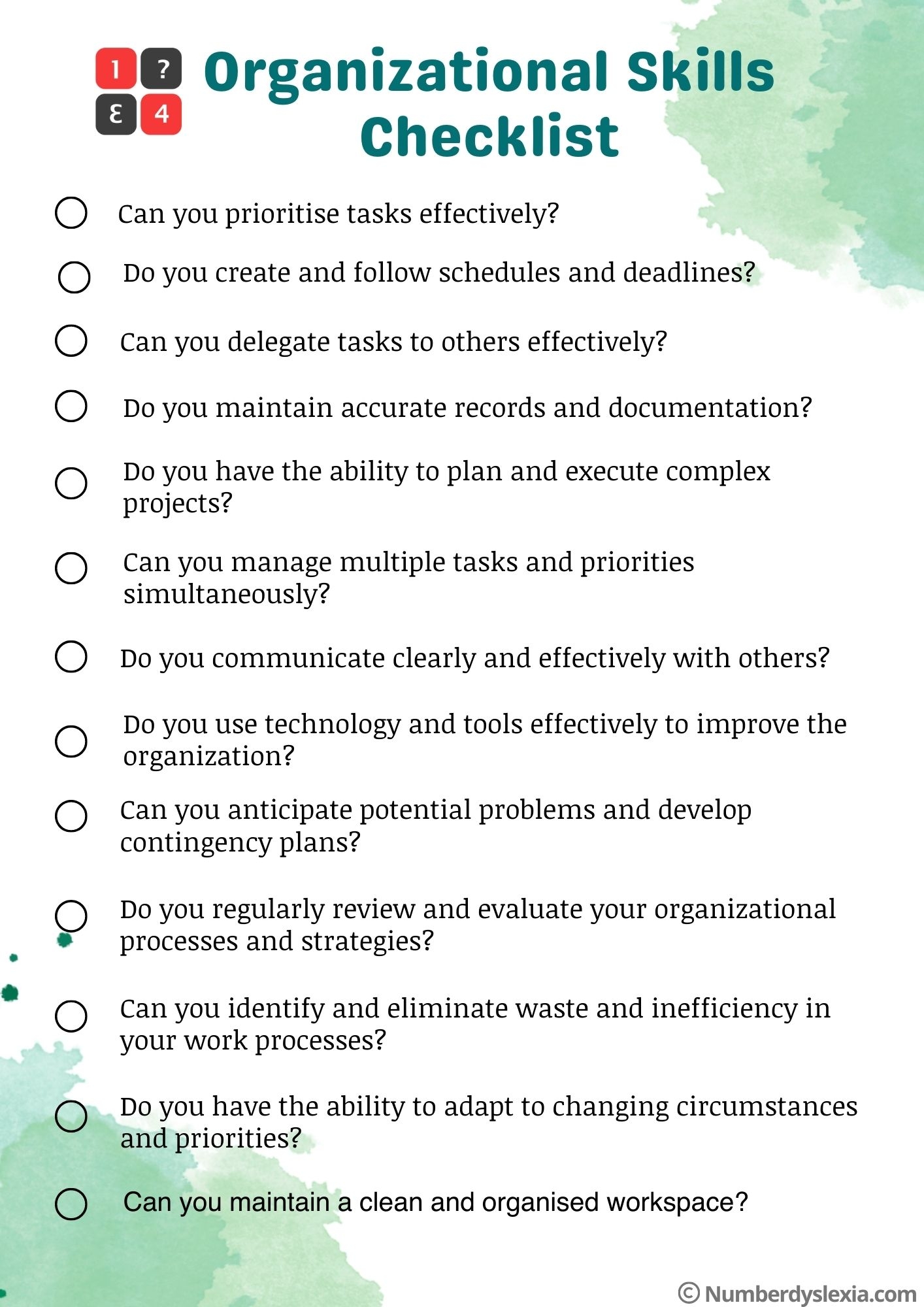 Printable Organizational Skills Checklist PDF Included Number Dyslexia
