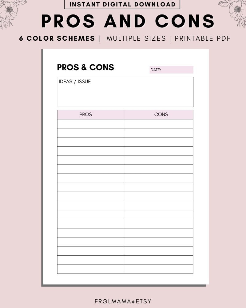Printable Pros And Cons List Instant Download Print At Home Planner Pages Life Organizer Templates Pro And Con Print Template A4 A5 PDF Etsy Printable Pros And Cons List Instant Download Print At Home Planner Pages Life Organizer Templates Pro And Con Print Template A4 A5 PDF Etsy