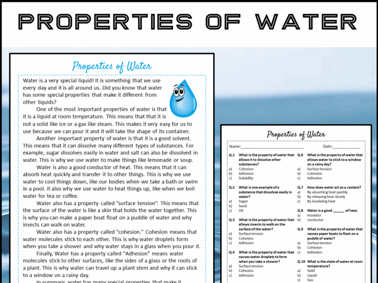Properties Of Water Reading Comprehension Passage And Questions PDF Teaching Resources