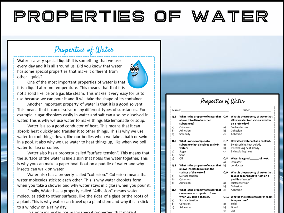 Properties Of Water Reading Comprehension Passage And Questions PDF Teaching Resources