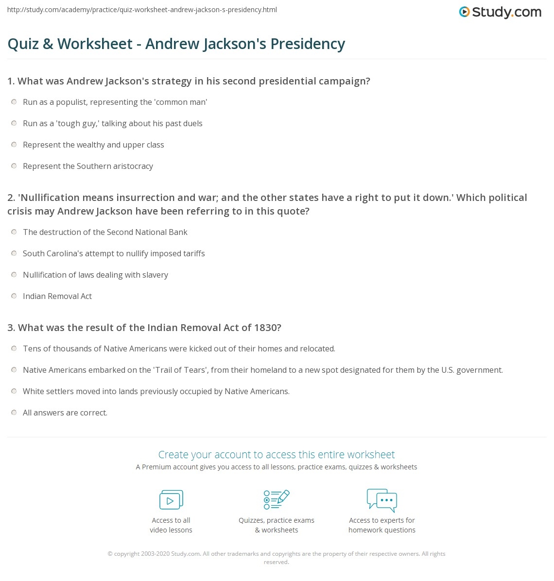 Quiz U0026 Worksheet Andrew Jackson s Presidency Study