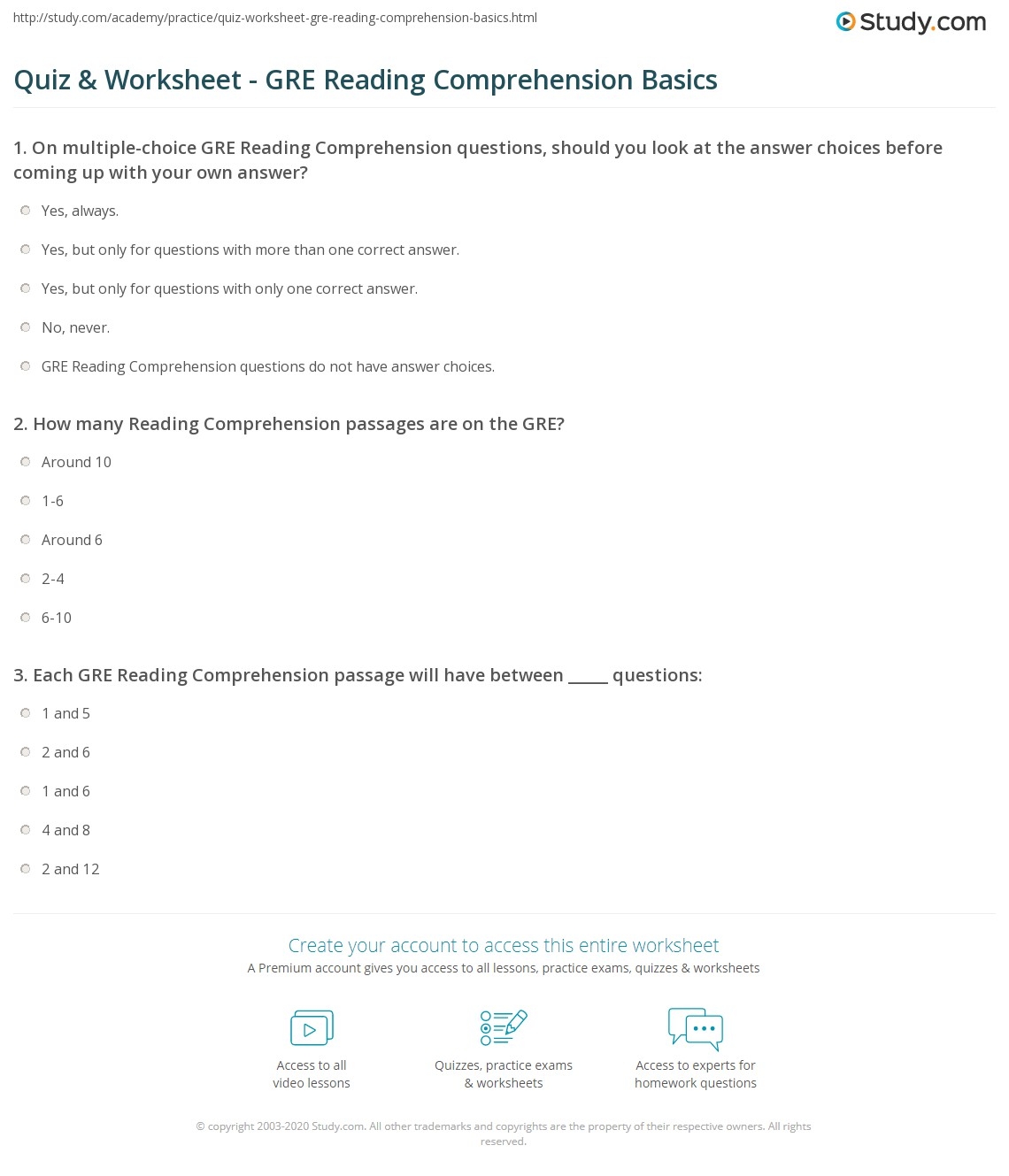 Quiz U0026 Worksheet GRE Reading Comprehension Basics Study Quiz U0026 Worksheet GRE Reading Comprehension Basics Study