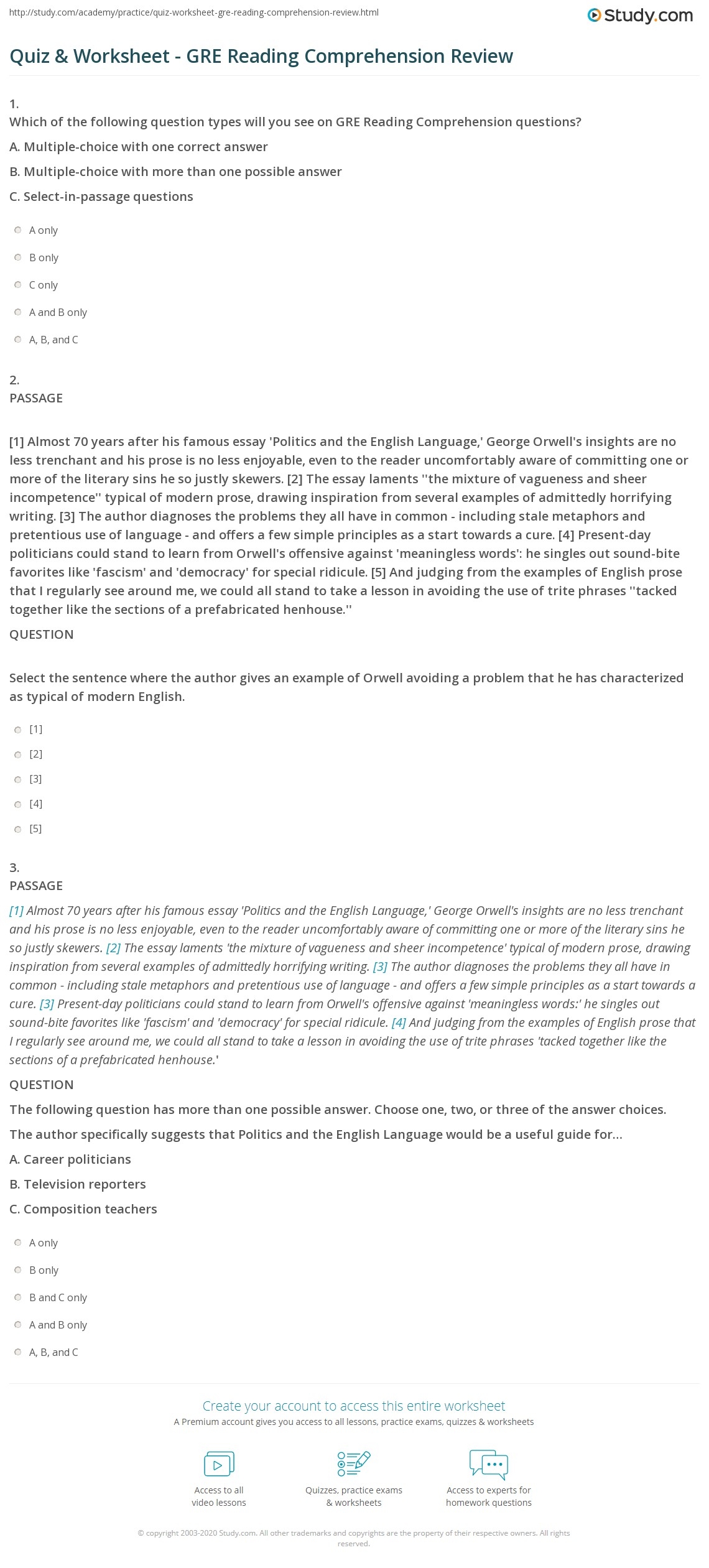 Quiz U0026 Worksheet GRE Reading Comprehension Review Study Quiz U0026 Worksheet GRE Reading Comprehension Review Study