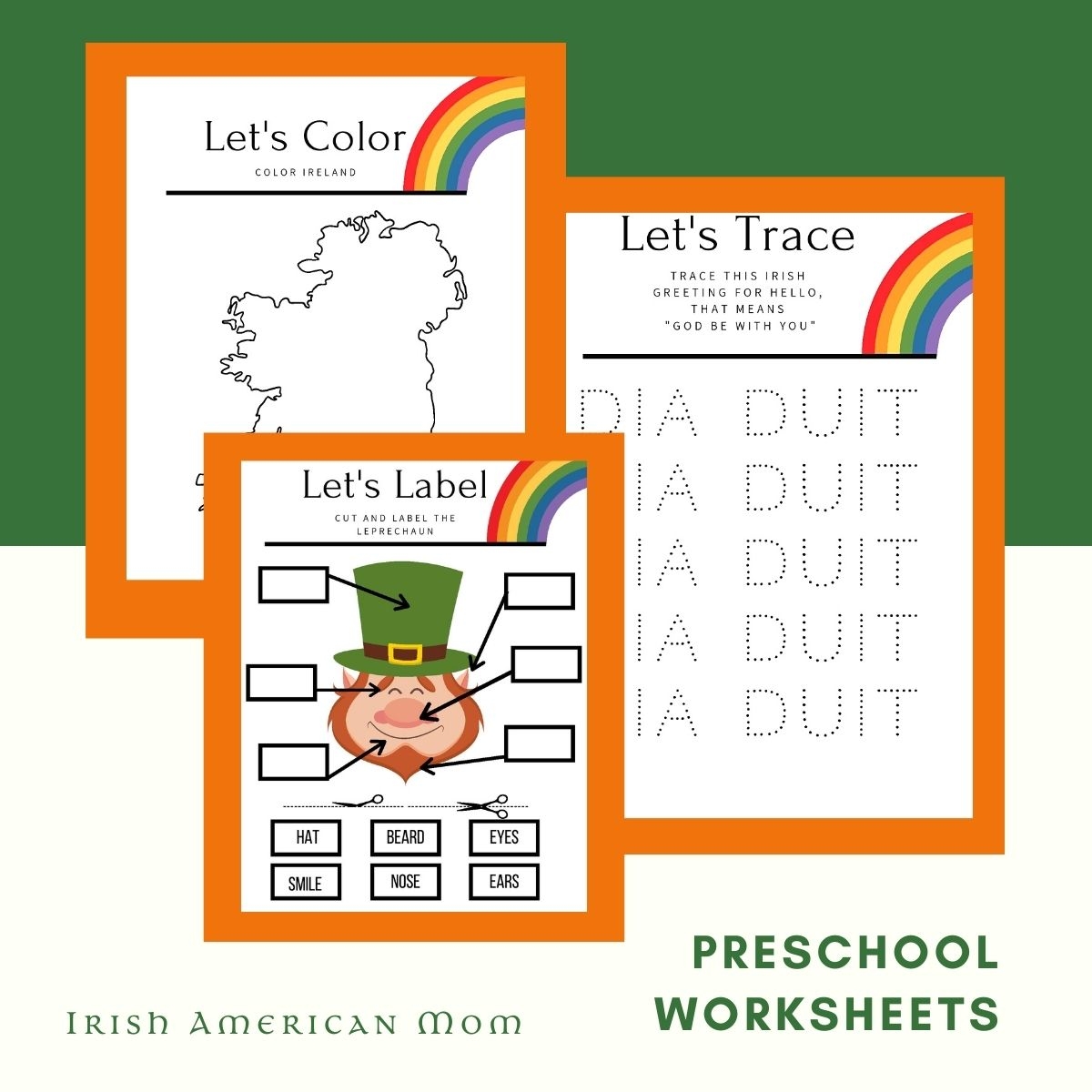 Rainbow Irish Themed Preschool Worksheets