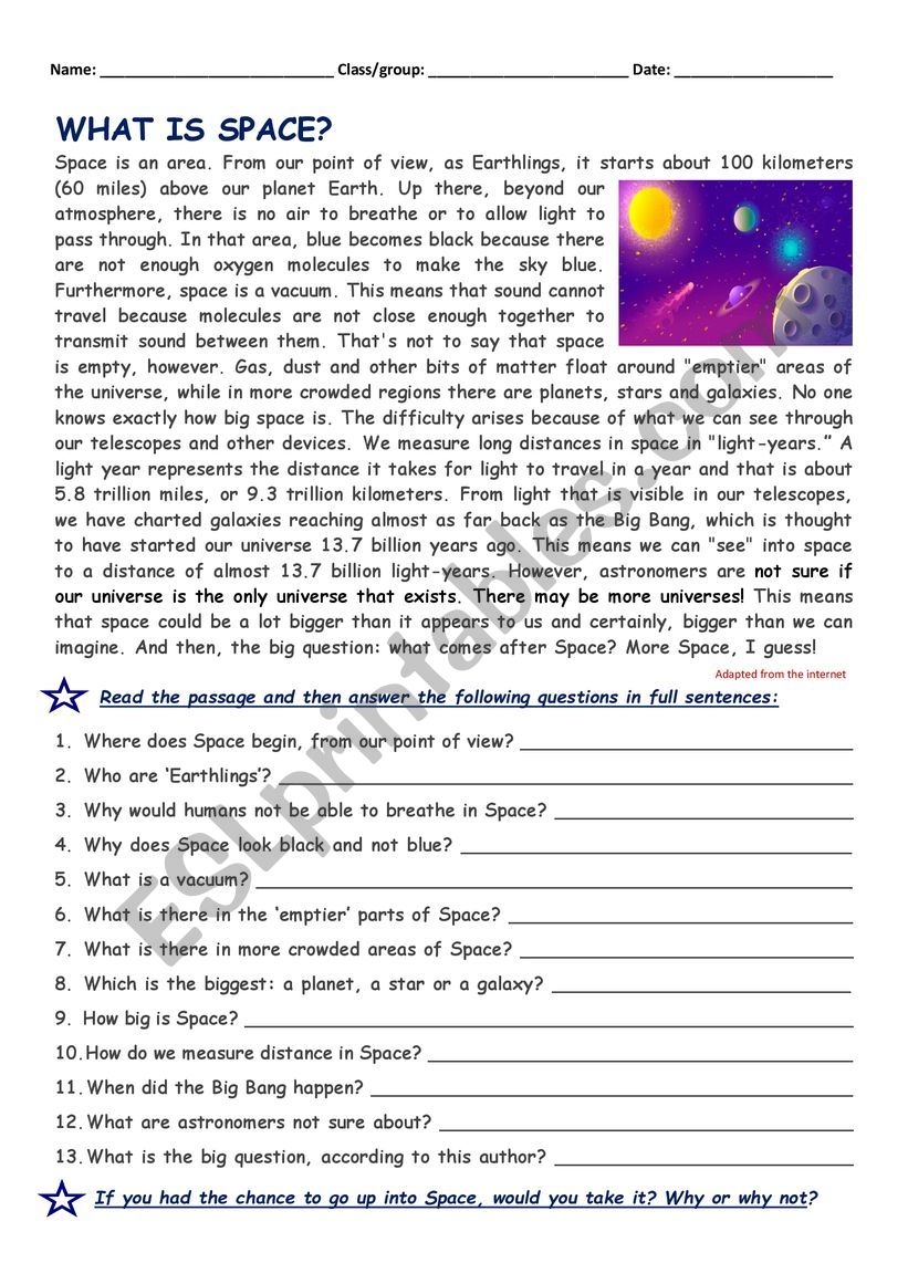 RC What Is Space ESL Worksheet By Cunliffe