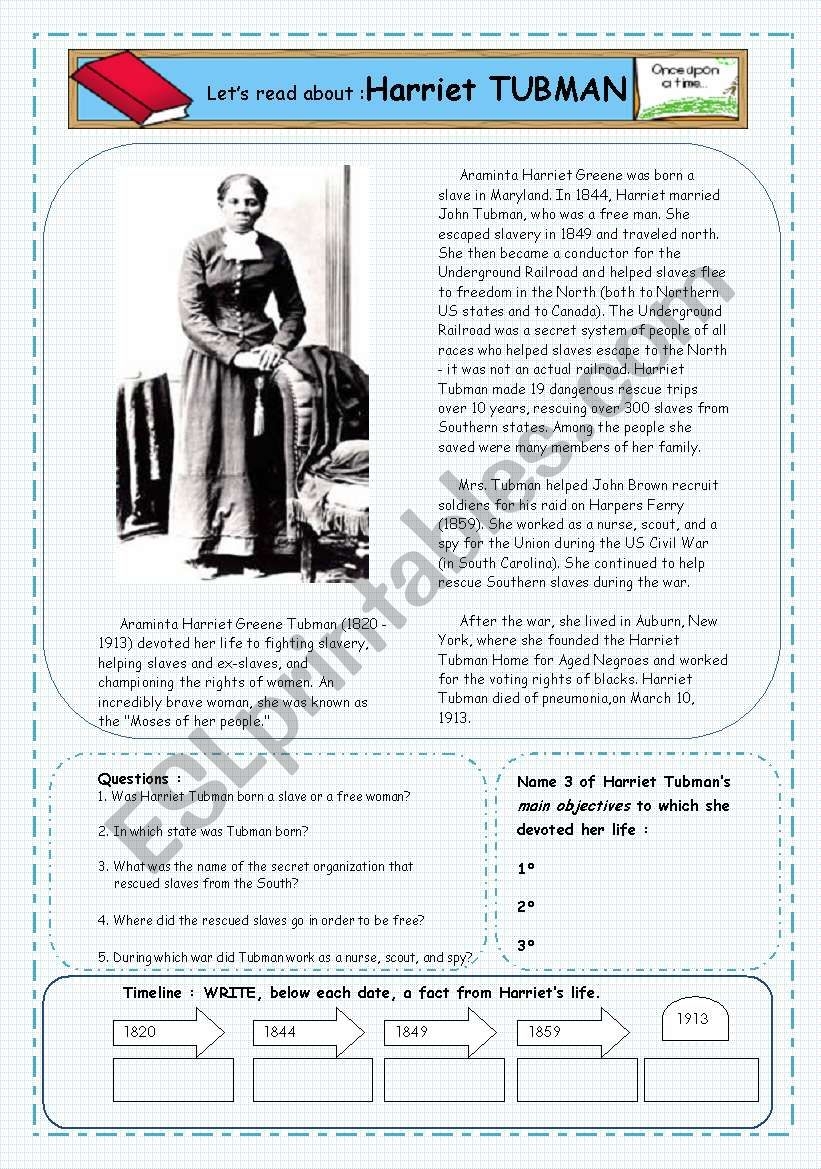 Reader Short Biography On Harriet Tubman ESL Worksheet By 