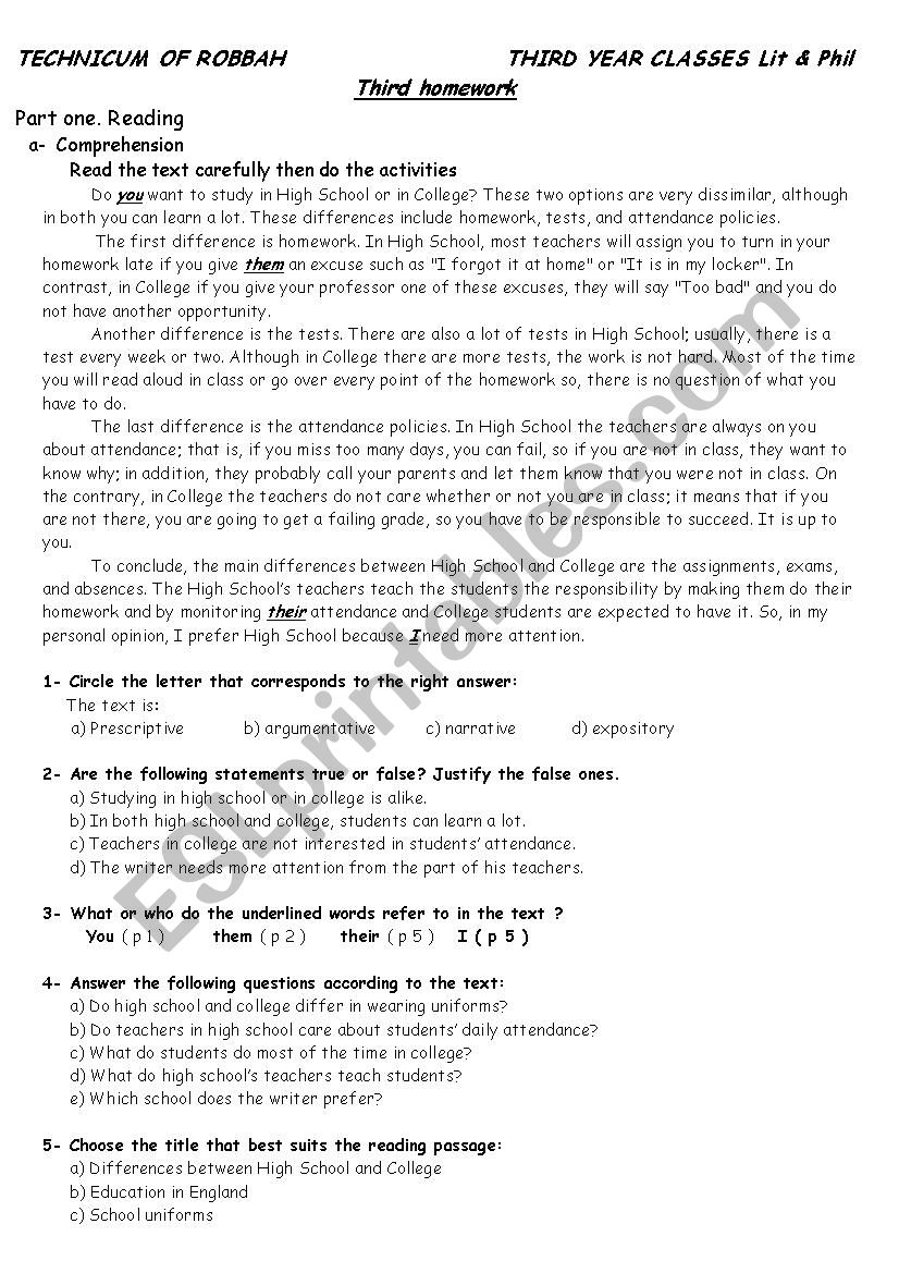 Reading Comprehension ESL Worksheet By Ziade802 Worksheets Library