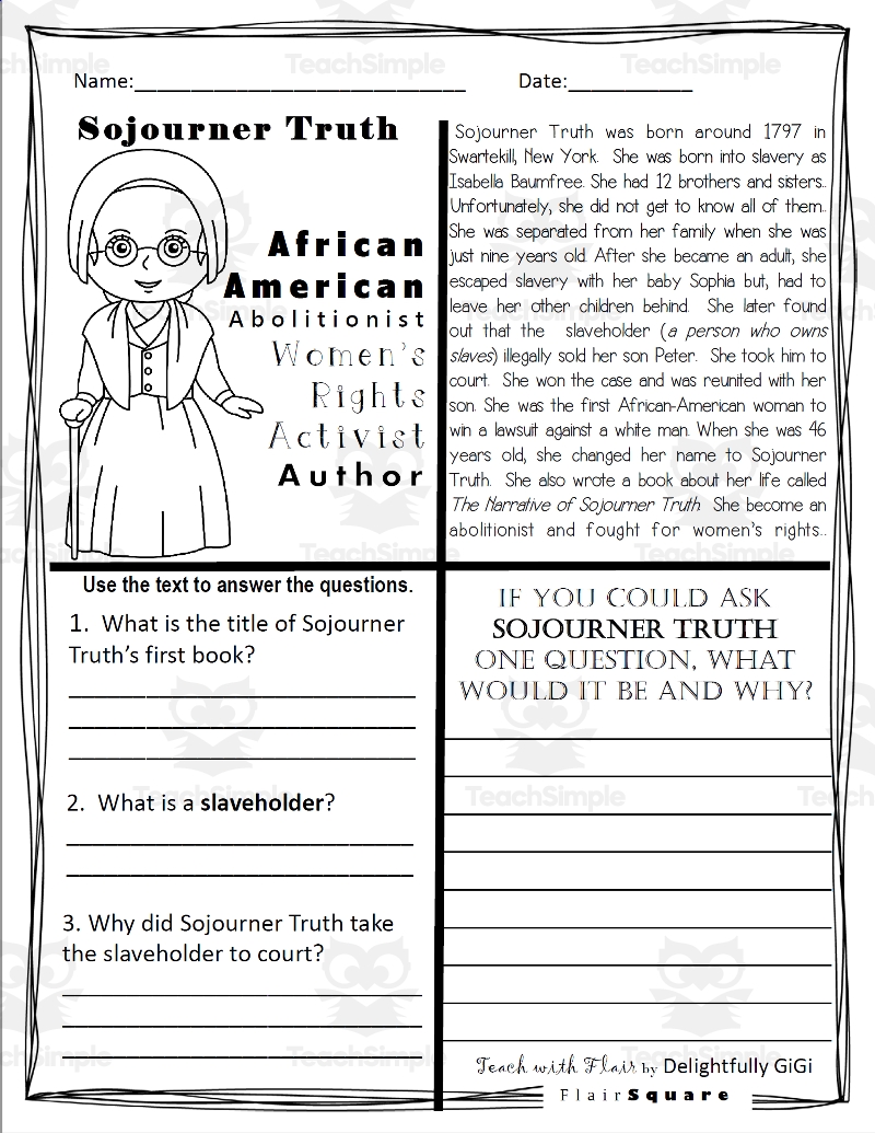 Reading Comprehension For Black History Month Sojourner Truth