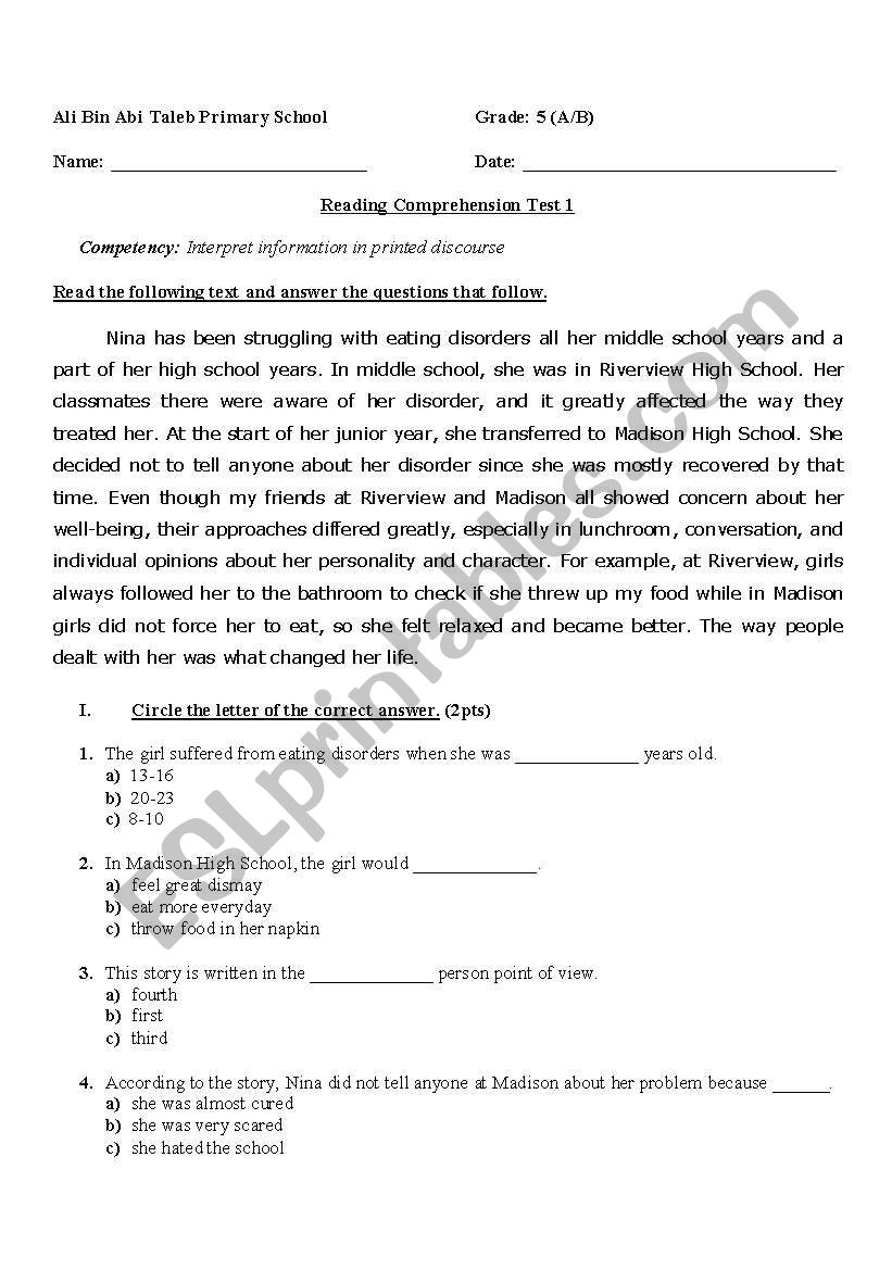 Reading Comprehension Grade 5 Live Worksheets