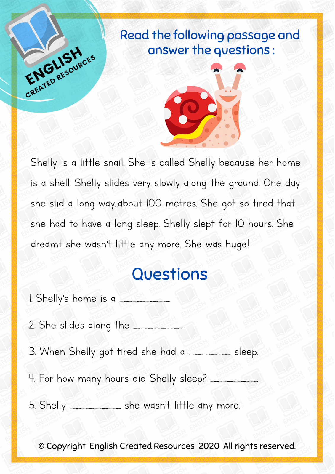 Reading Comprehension For Kids Worksheets English Created Resources