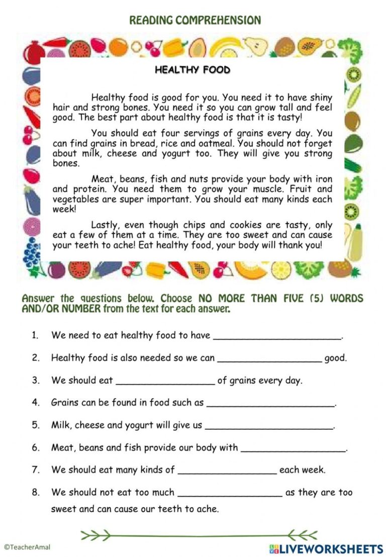 Reading Comprehension Healthy Food Worksheet