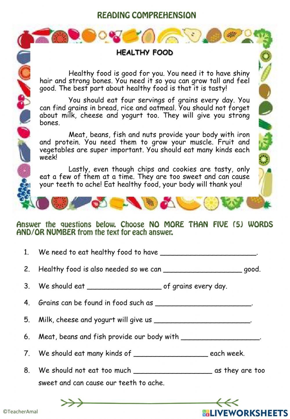 Reading Comprehension Healthy Food Worksheet Reading Comprehension Healthy Food Worksheet
