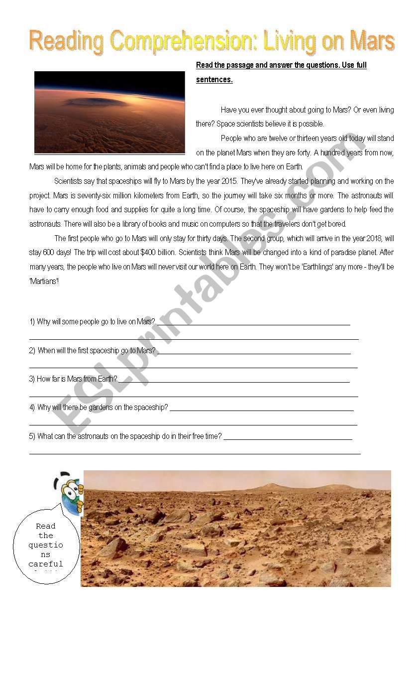READING COMPREHENSION LIVING ON MARS ESL Worksheet By Marinett READING COMPREHENSION LIVING ON MARS ESL Worksheet By Marinett