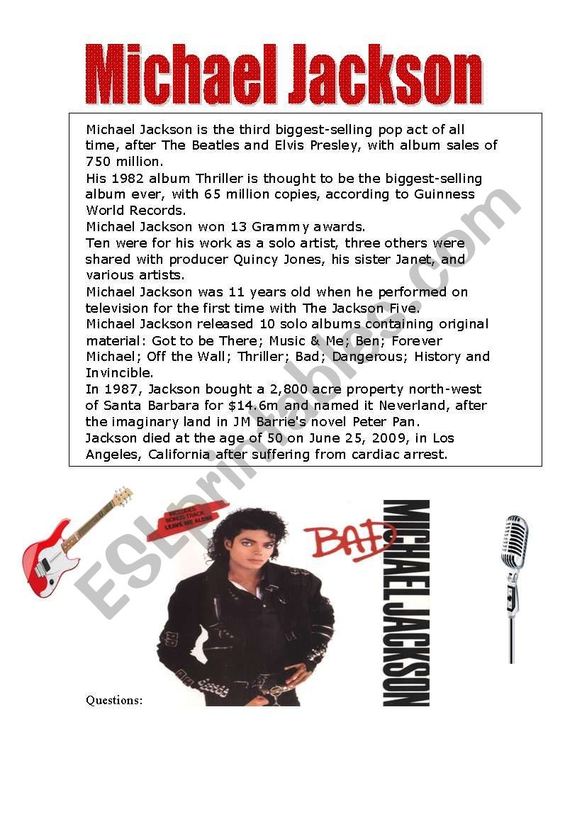 Reading Comprehension Michael Jackson ESL Worksheet By Jeratlan