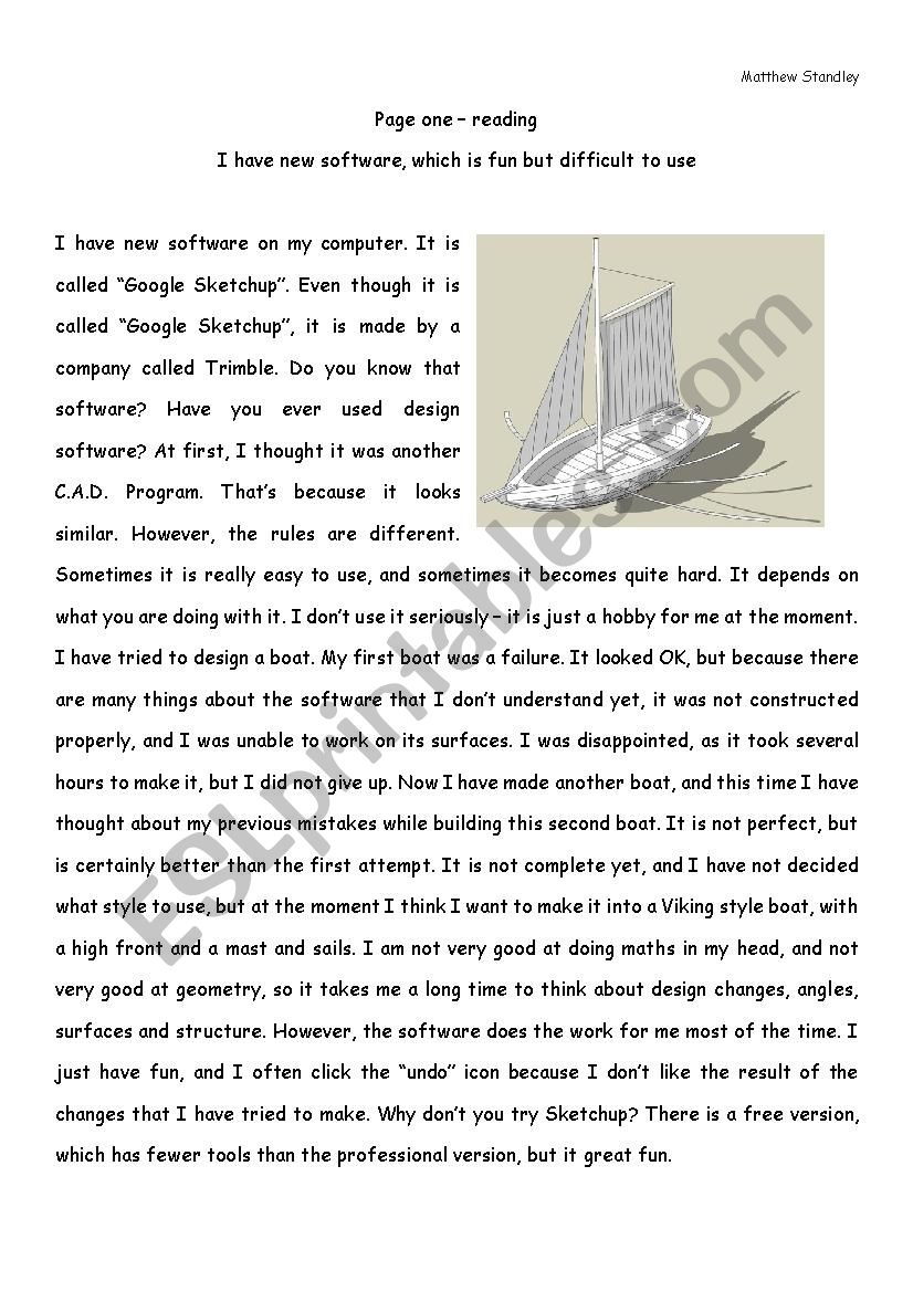 Reading Comprehension My New Software Upper Intermediate ESL Reading Comprehension My New Software Upper Intermediate ESL