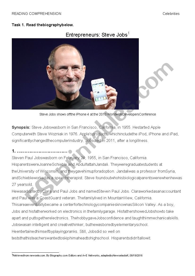 Reading Comprehension Steve Jobs Biography ESL Worksheet By 