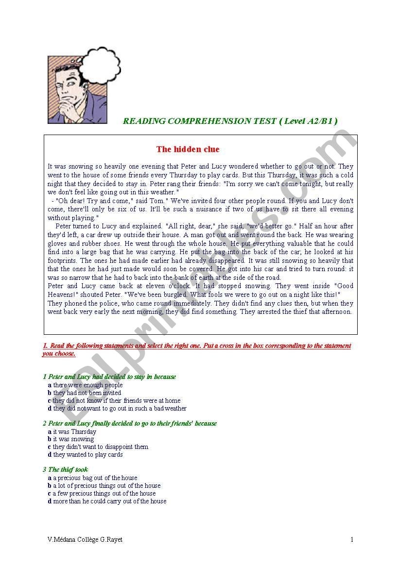 READING COMPREHENSION TEST level A2 B1 The Hidden Clue ESL Worksheet By V ro33