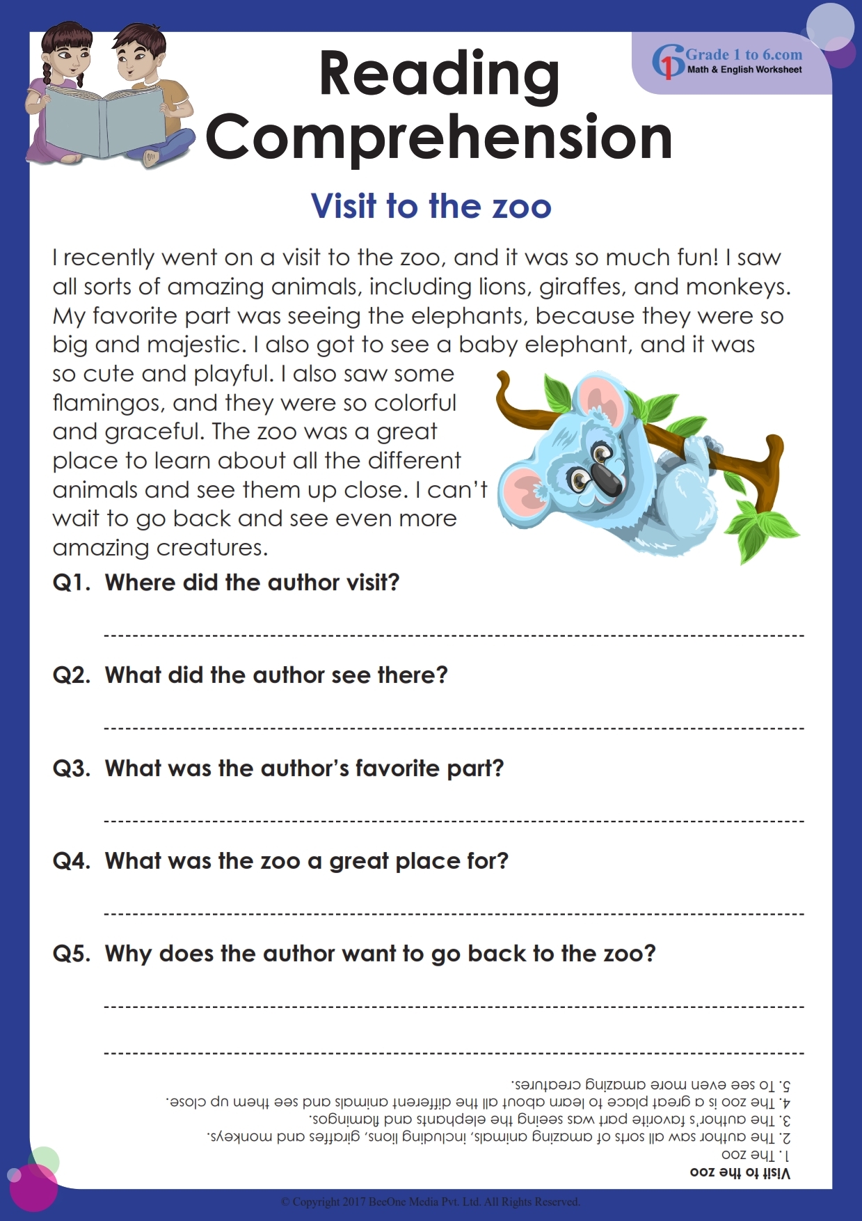 Reading Comprehension Worksheet Grade 1
