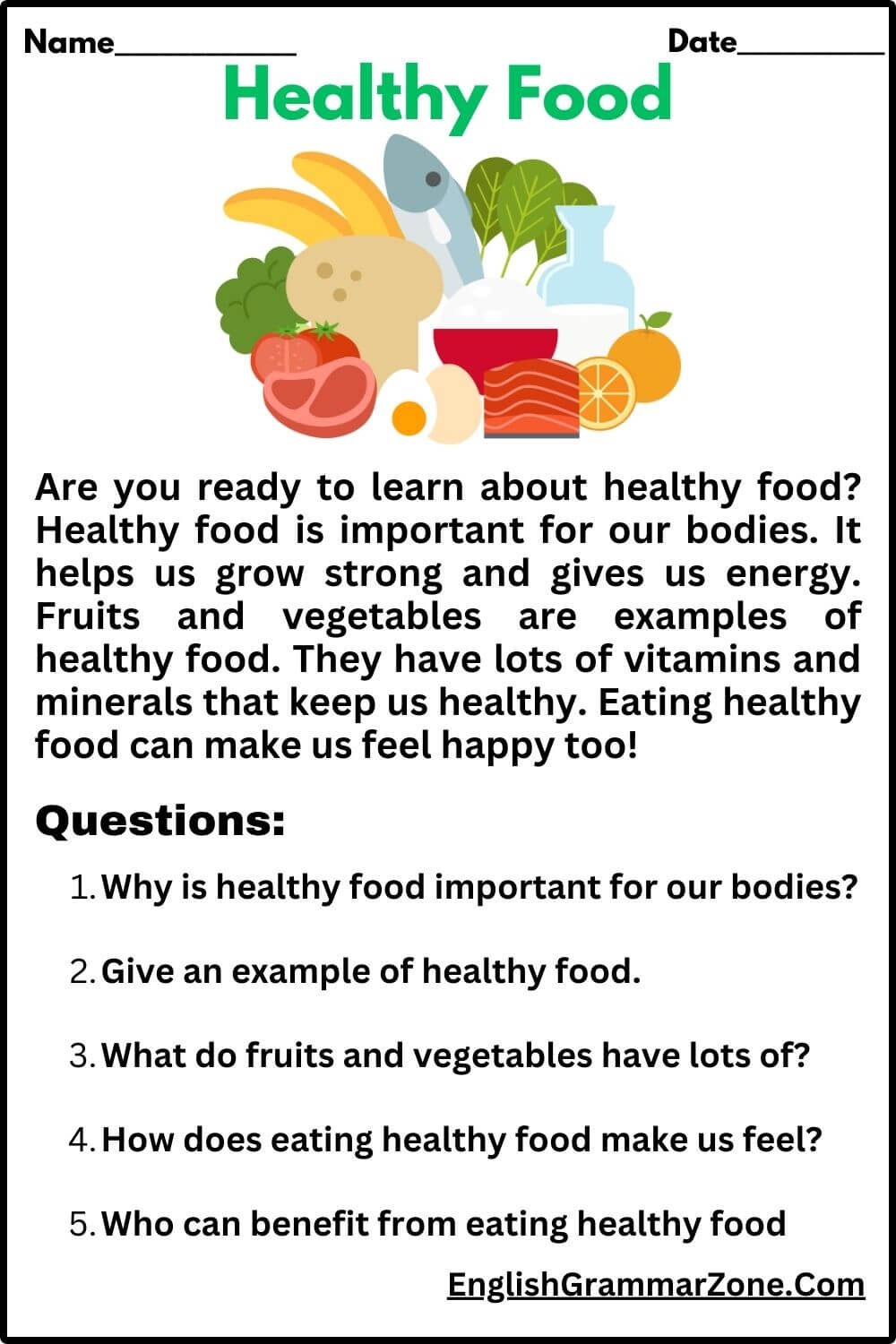 Reading Comprehension Worksheet Healthy Food Reading Comprehension Worksheet Healthy Food