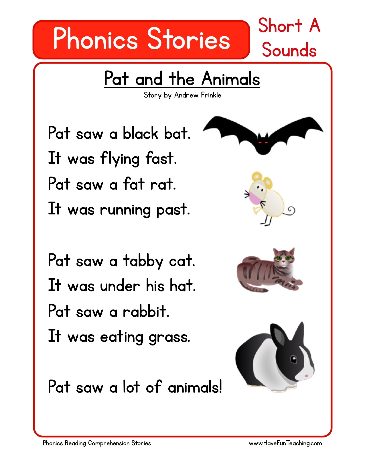 Reading Comprehension Worksheet Pat And The Animals