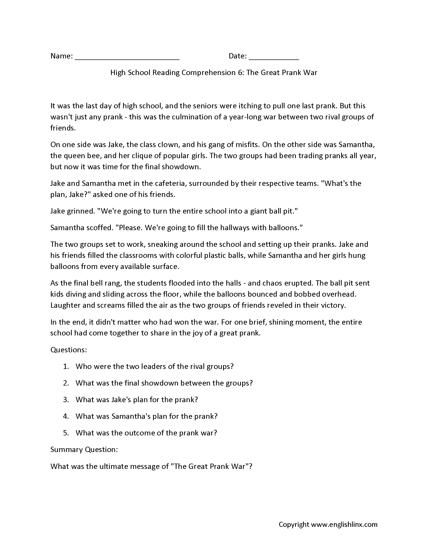 Reading Comprehension Worksheets High School Reading Comprehension Worksheets