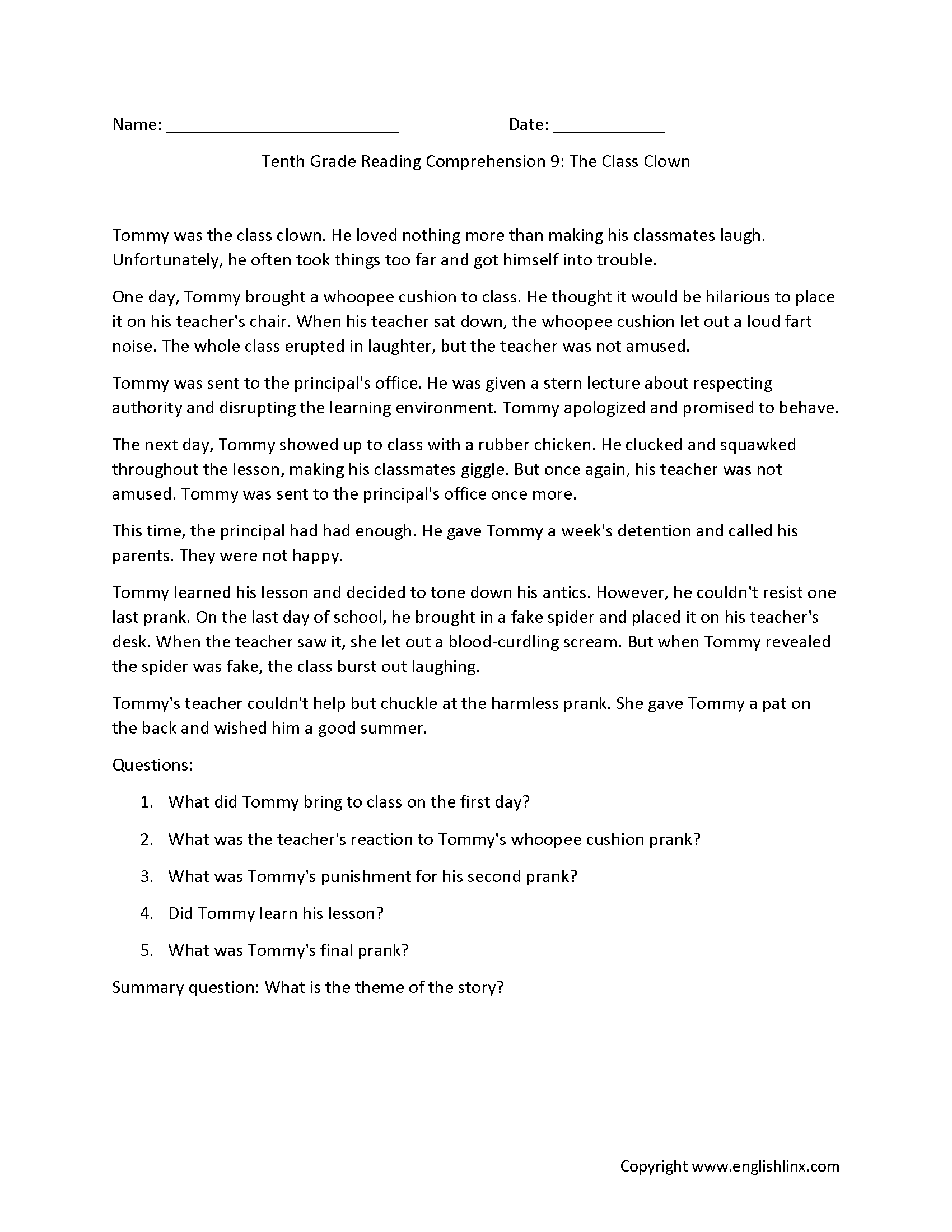 Reading Comprehension Worksheets Tenth Grade Reading 