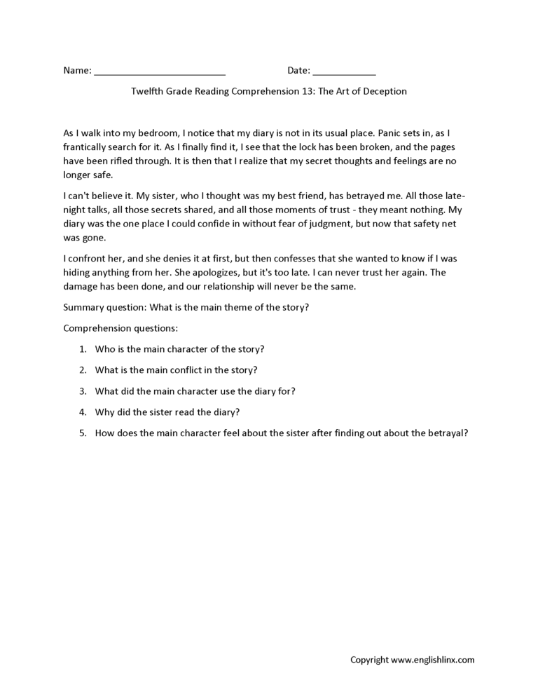 Reading Comprehension Worksheets Twelfth Grade Reading