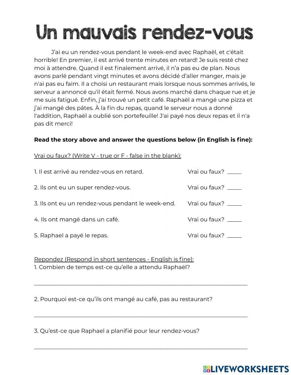 French Reading Comprehension Worksheets Grade 6
