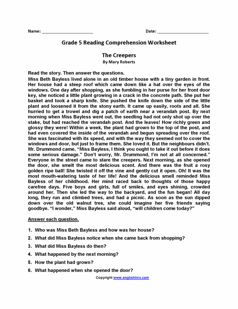 Reading Worksheets Fifth Grade Reading Worksheets