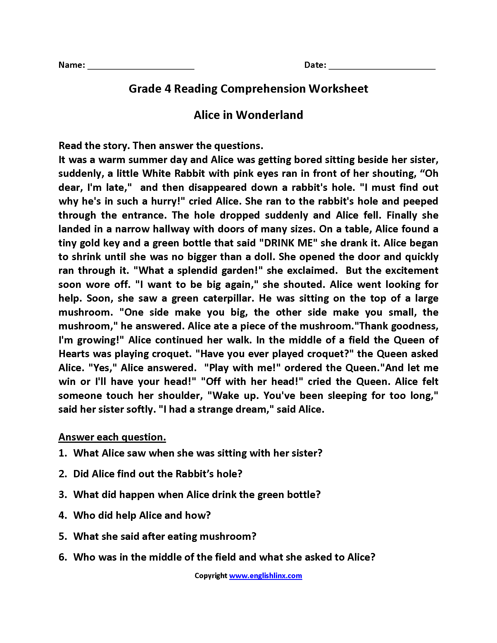 Reading Worksheets Fourth Grade Reading Worksheets