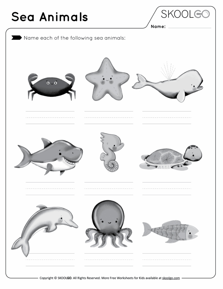 Sea Animals Free Worksheet SKOOLGO Worksheets Library