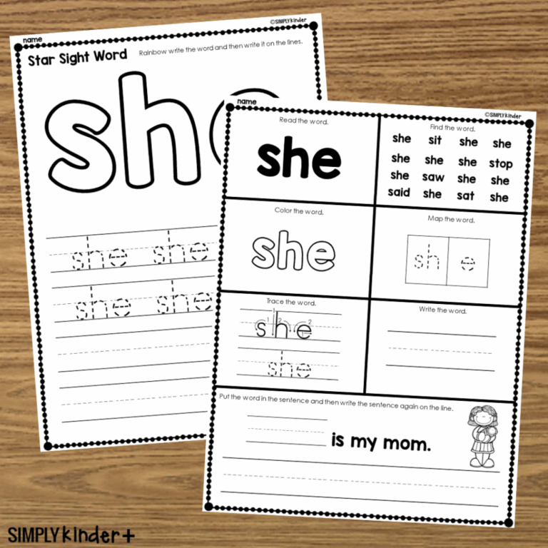 She Sight Word Printable Activities Simply Kinder Plus